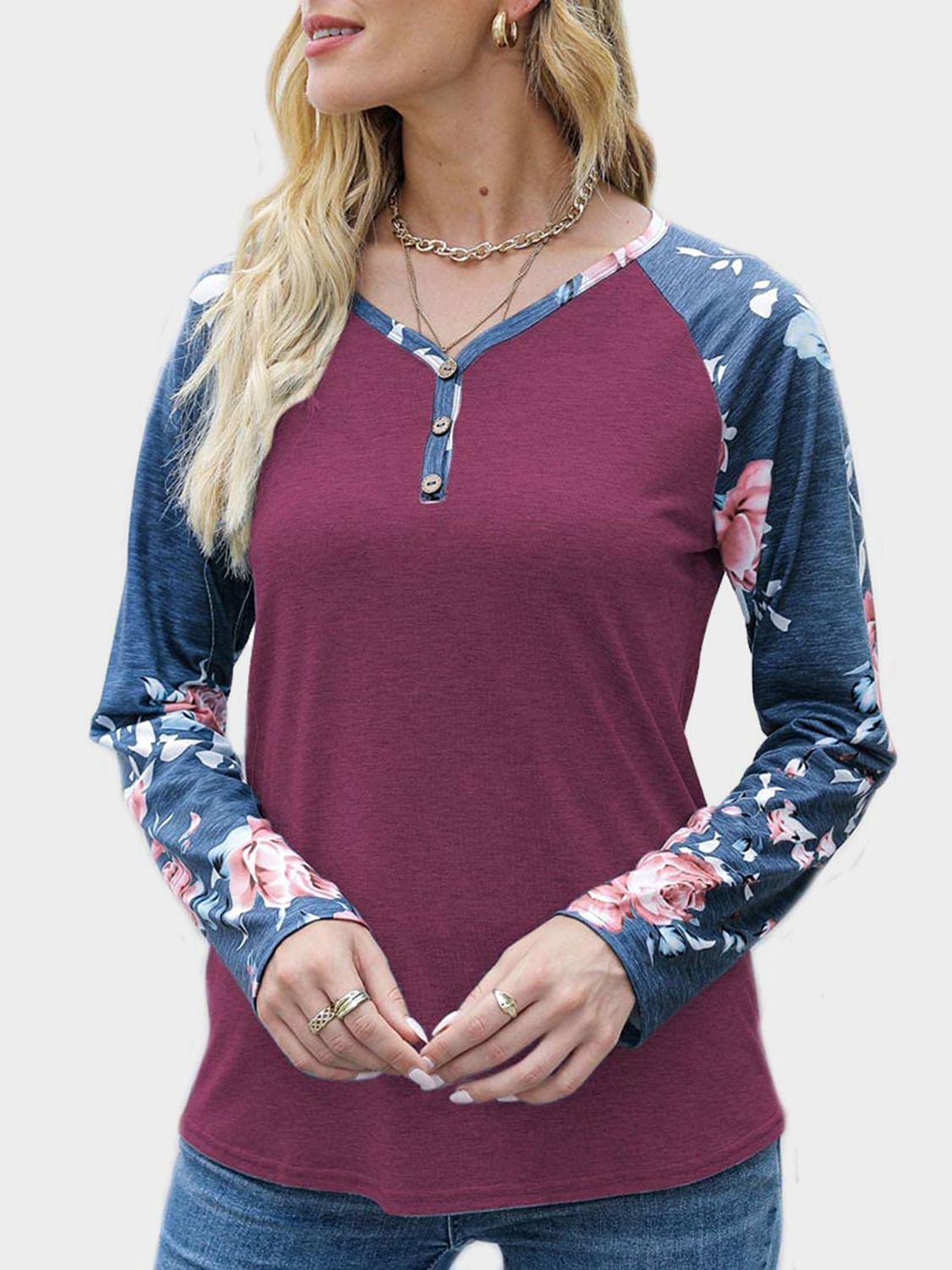 Outfit Flow - V-Neck Floral Long Sleeve T-Shirt