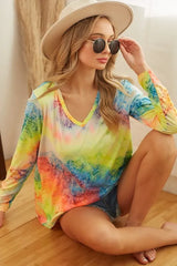BiBi Tie Dye Long Sleeve V-Neck T-Shirt LIME MULTI OutfitFlow