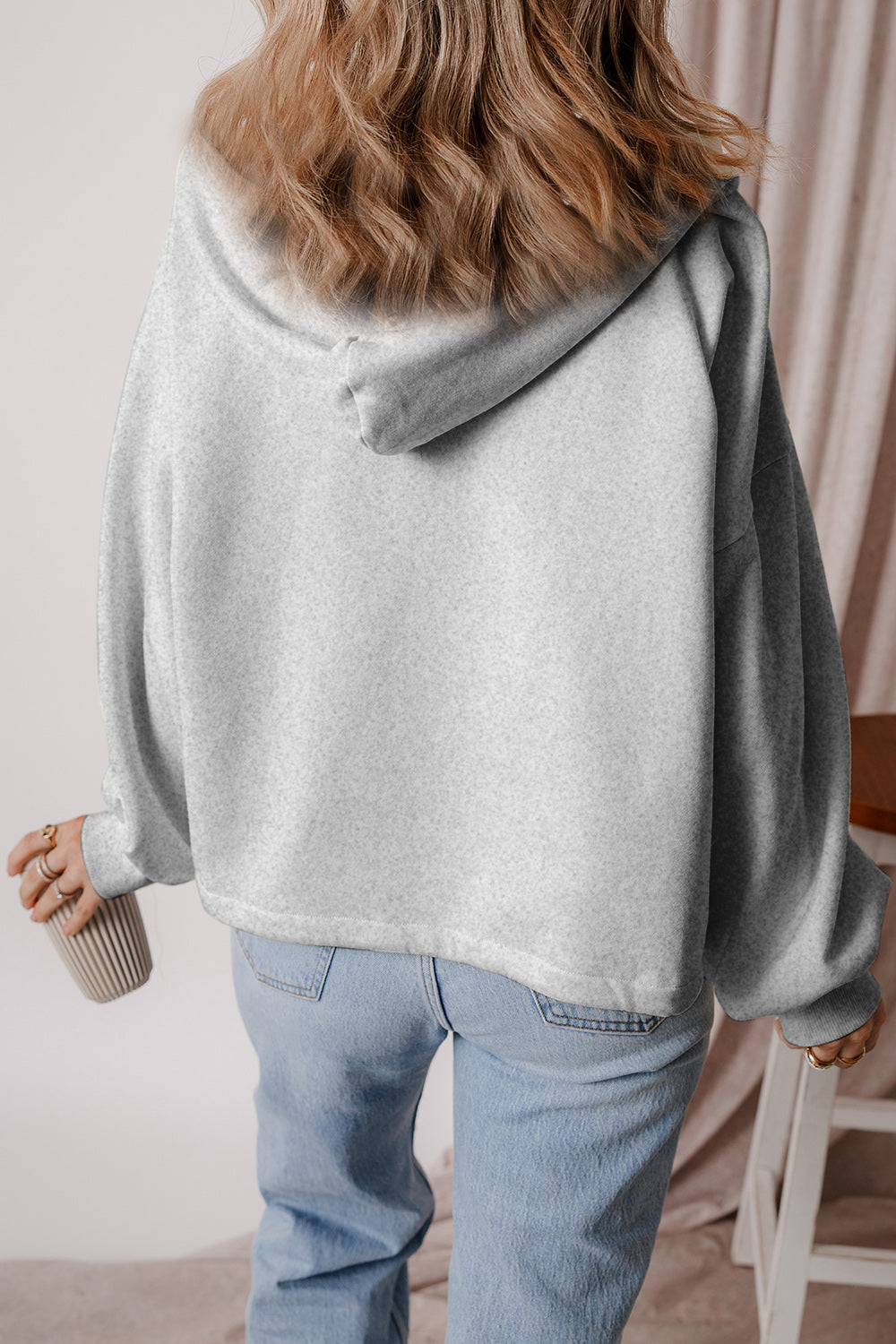 Pocketed Half Zip Dropped Shoulder Hoodie OutfitFlow