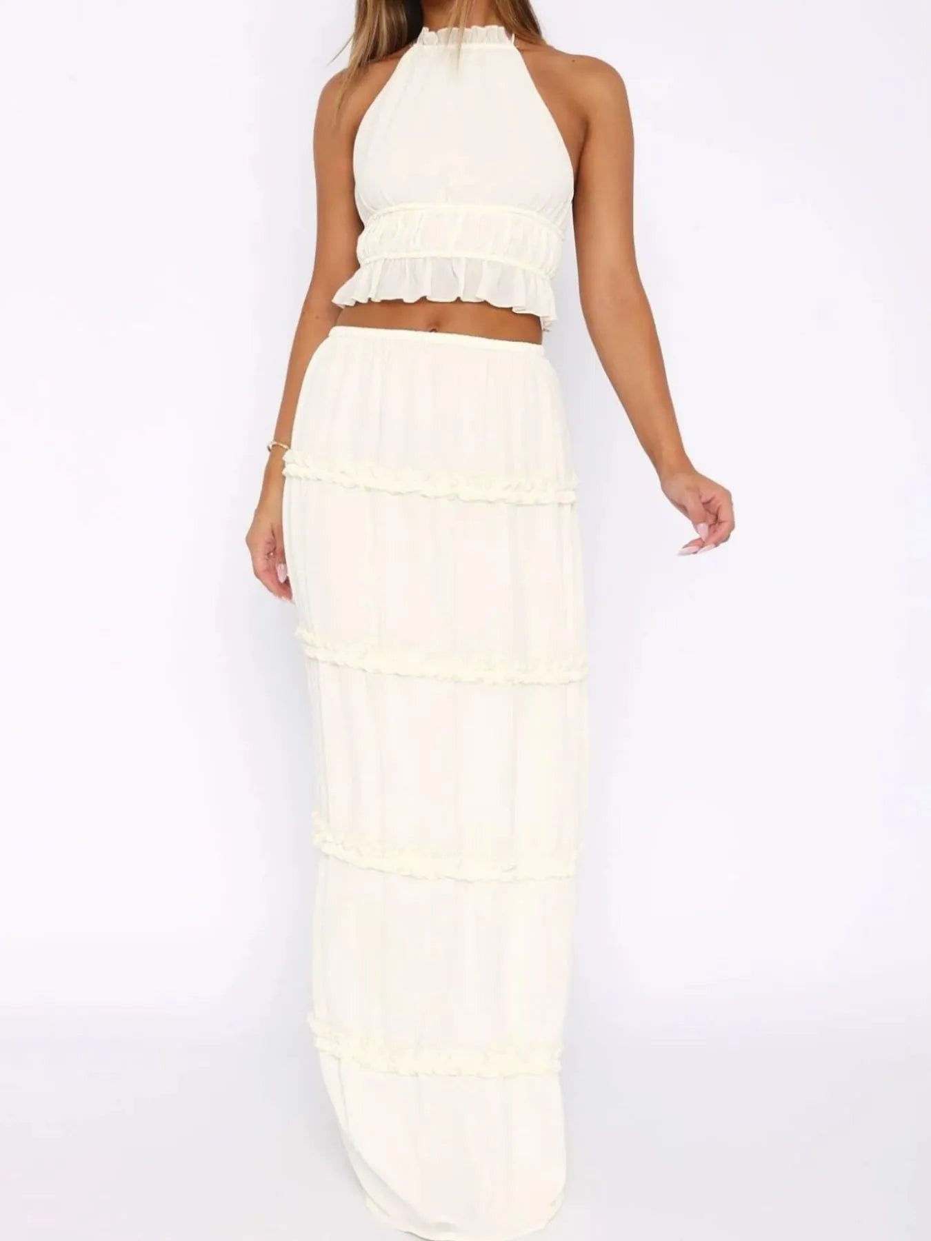 Halter Crop Backless Top and Maxi Skirt Set White OutfitFlow