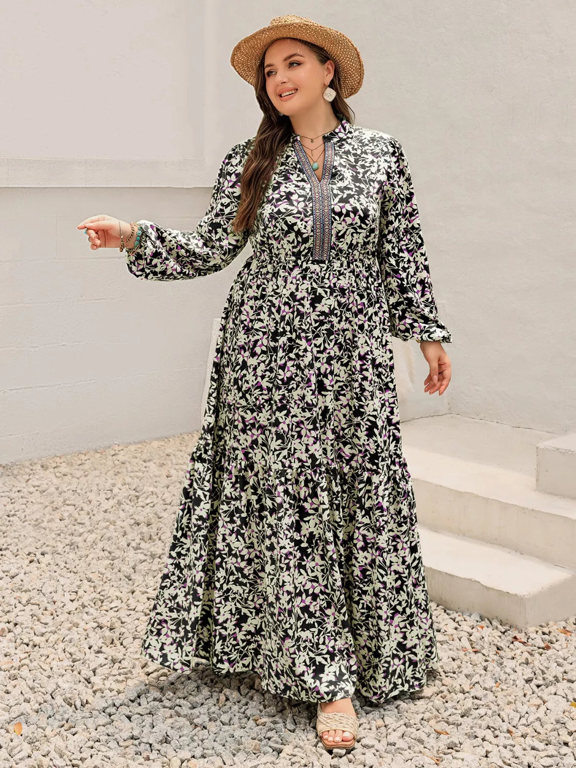 Plus Size Floral Print Long Sleeve Tiered Maxi Dress Trendsi