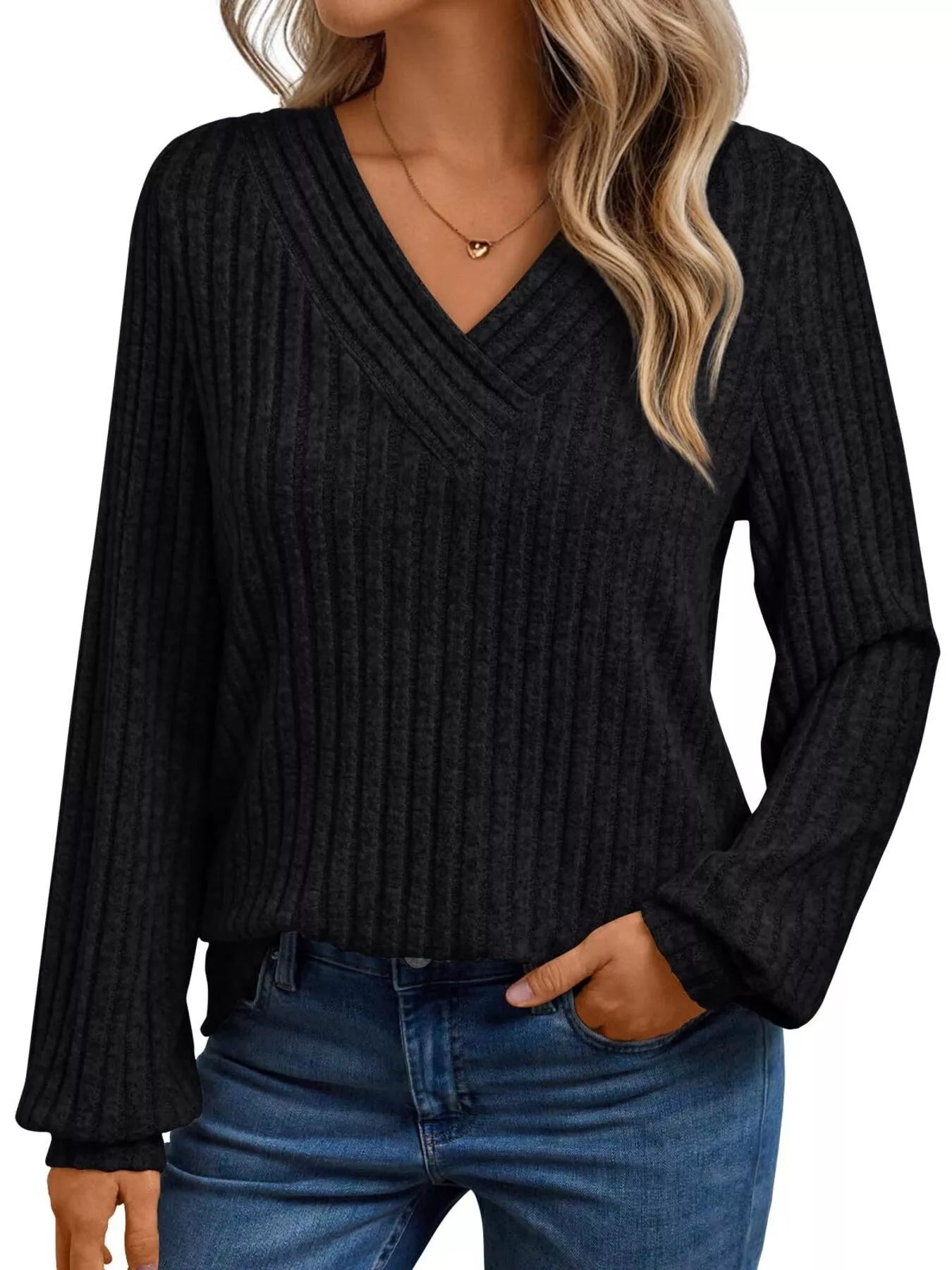Ribbed Knit V-Neck Long Sleeve T-Shirt Black OutfitFlow