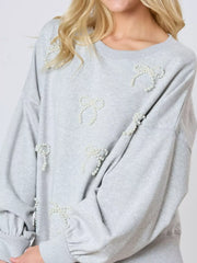 Pearl Embellished Bow Long Sleeve Sweatshirt OutfitFlow