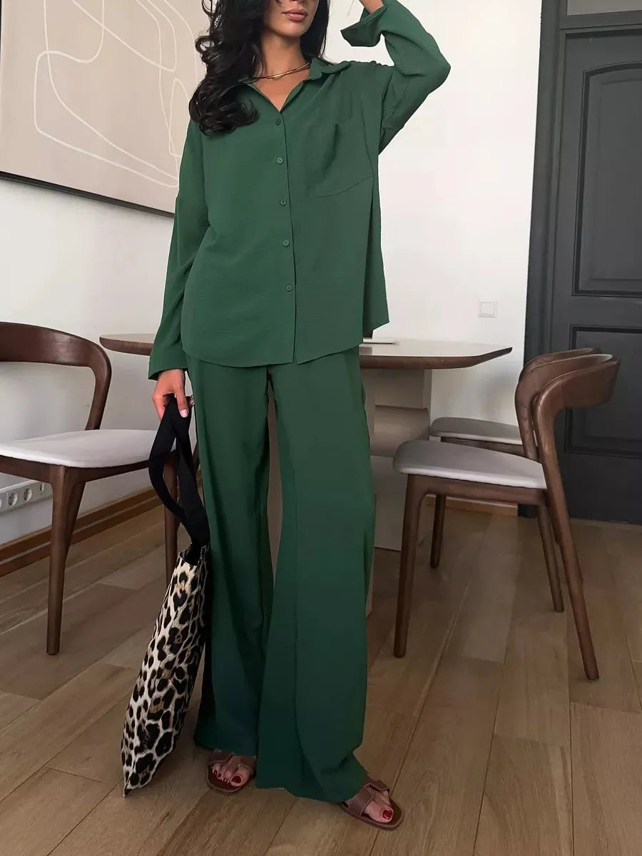 Button Up Long Sleeve Shirt and Pants Set Dark Green OutfitFlow