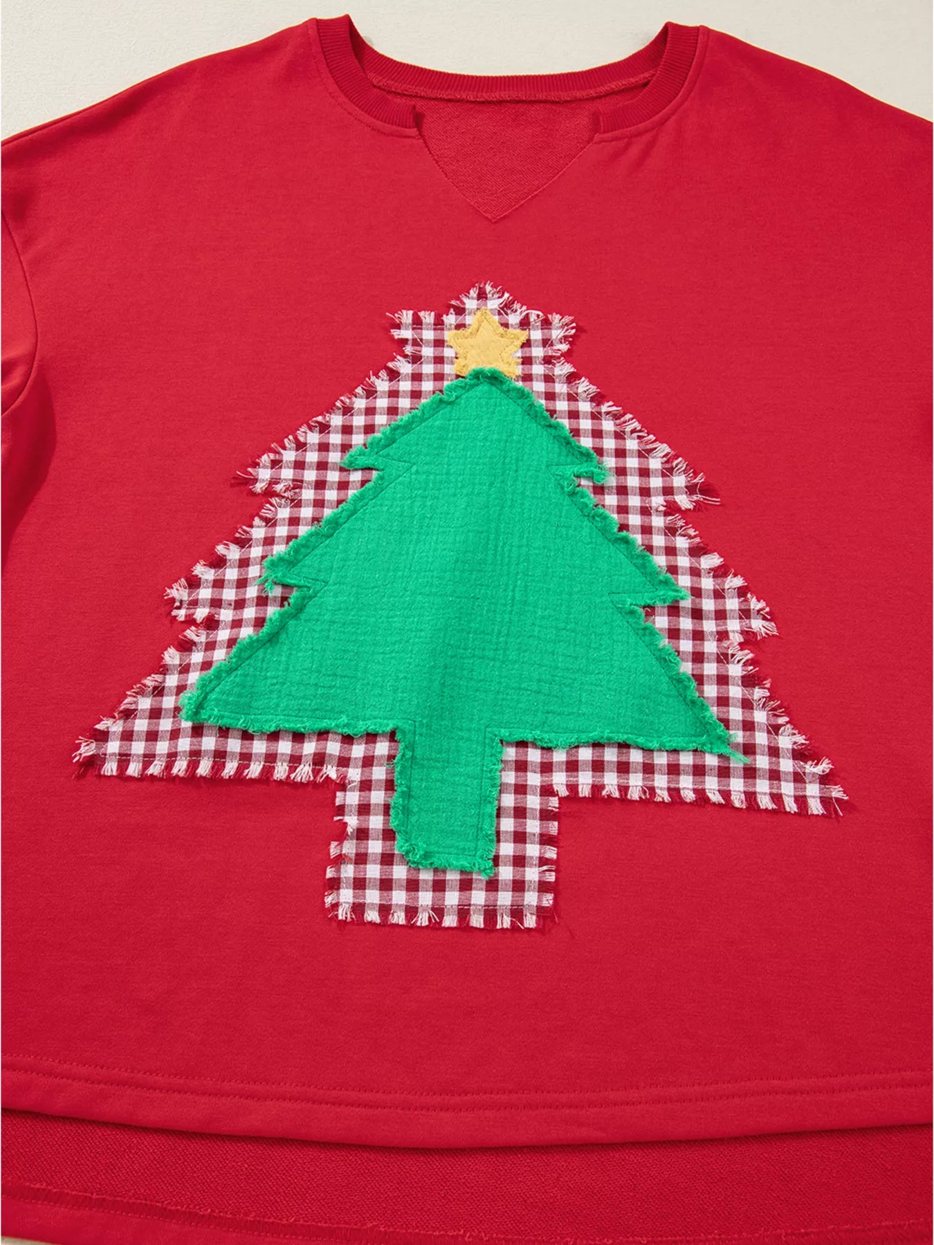Plaid Frayed Double Christmas Tree Patched Drop Shoulder Sweatshirt OutfitFlow