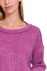 Zenana Brushed Hacci Exposed Seam Hi Low Sweater OutfitFlow
