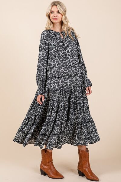 Mittoshop Printed Tie Neck Flounce Sleeve Midi Dress OutfitFlow