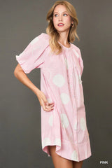 Umgee Stripe and Dot Print Button Down Puff Sleeve Mini Dress Trendsi