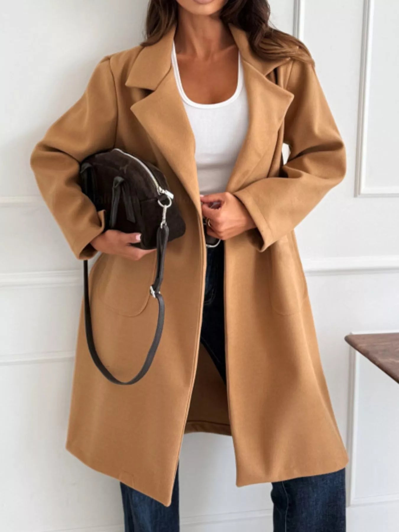 Long-Sleeve Single-Breasted Trench Coat Khaki Trendsi
