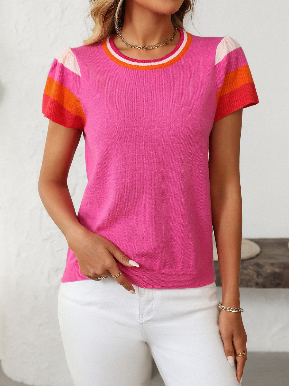 Outfit Flow - Mandy Contrast Round Neck Short Sleeve Knit Top