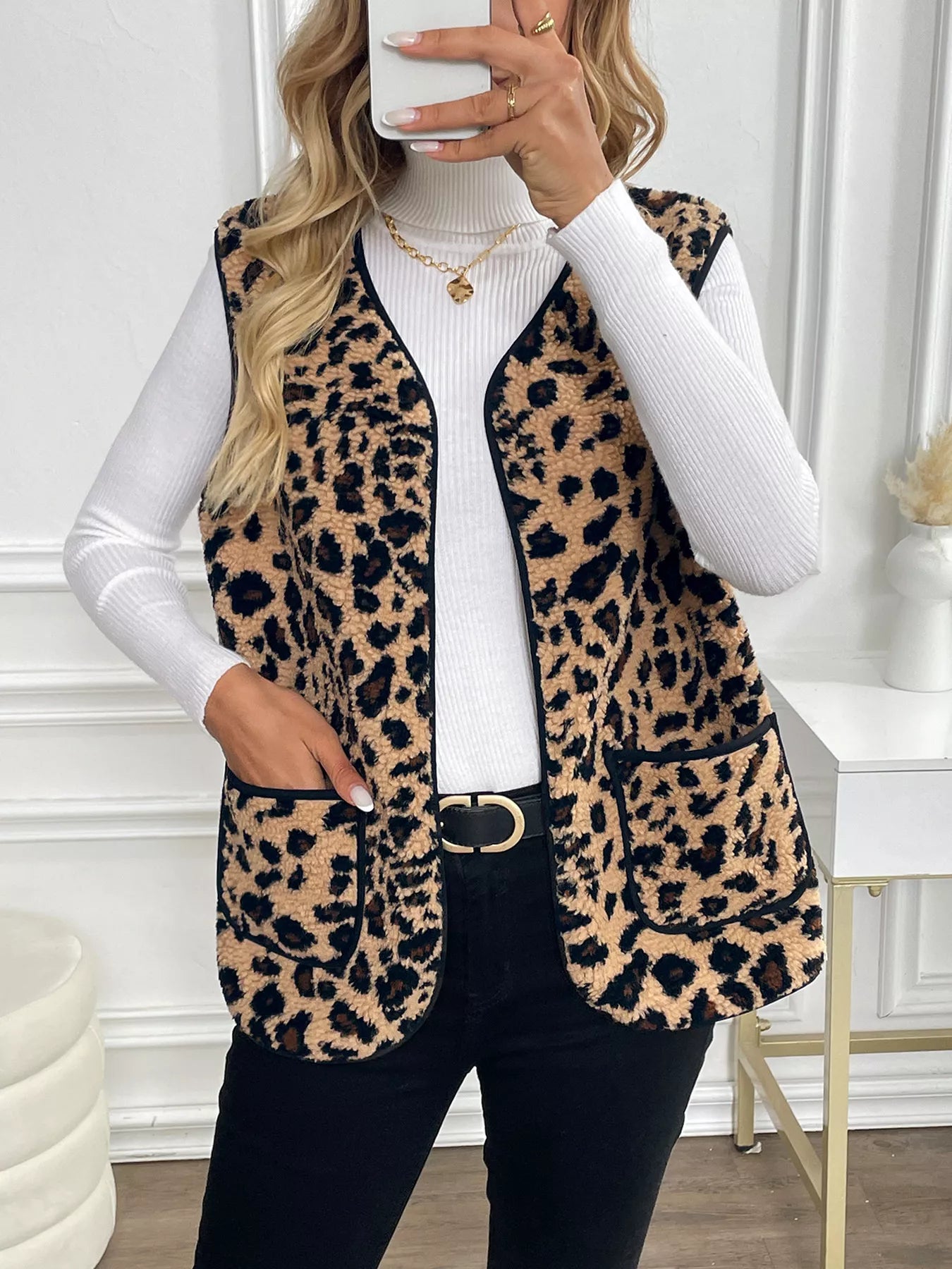 Leopard Fleece Vest Coat with Pockets Trendsi