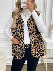 Leopard Fleece Vest Coat with Pockets Trendsi