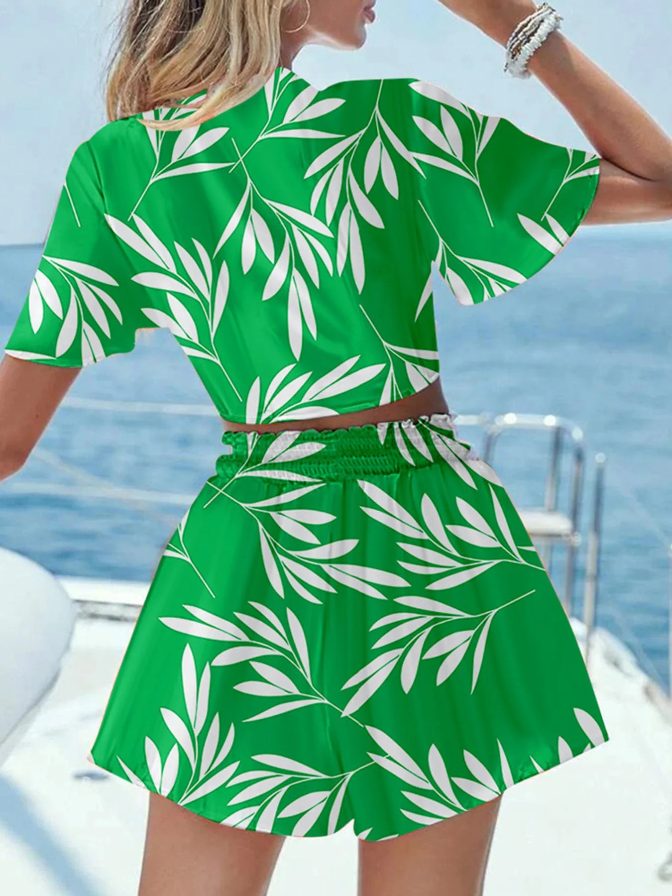 Printed Tie Front Top and Shorts Set OutfitFlow
