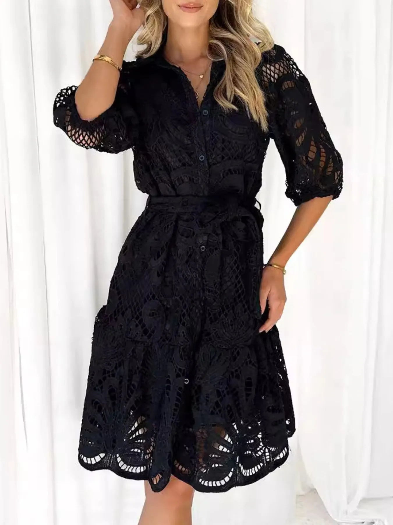 Lace Tie Waist Half Sleeve Dress OutfitFlow