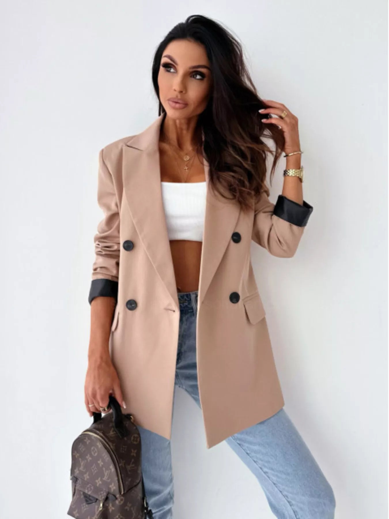 Lapel Collar Long Sleeve Blazer OutfitFlow