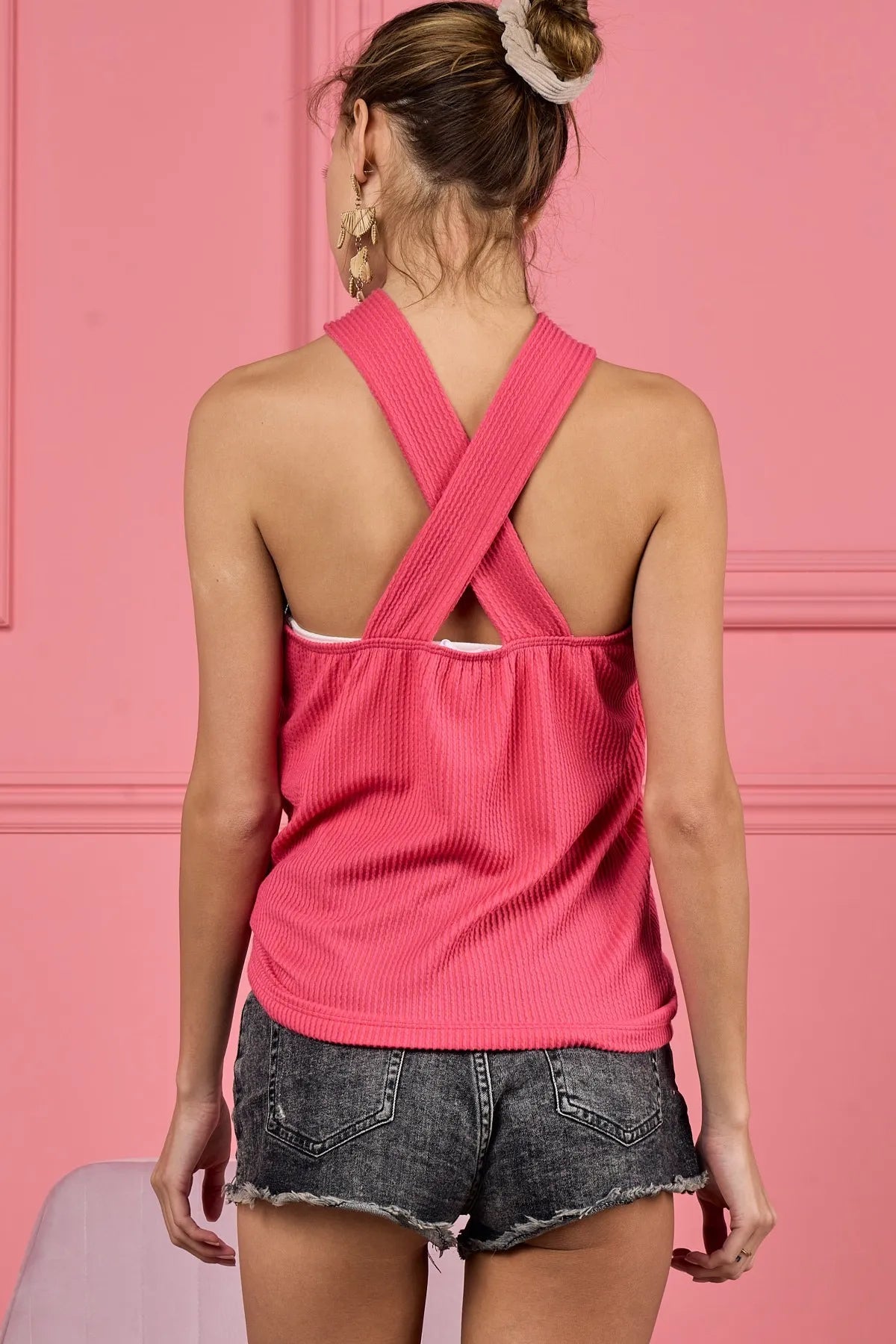 BiBi Lace Knit with Cut Out And Cross Neck Banded Top OutfitFlow