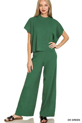 Zenana Viscose Sweater Short Sleeve Top and Pants Set DK GREEN Trendsi
