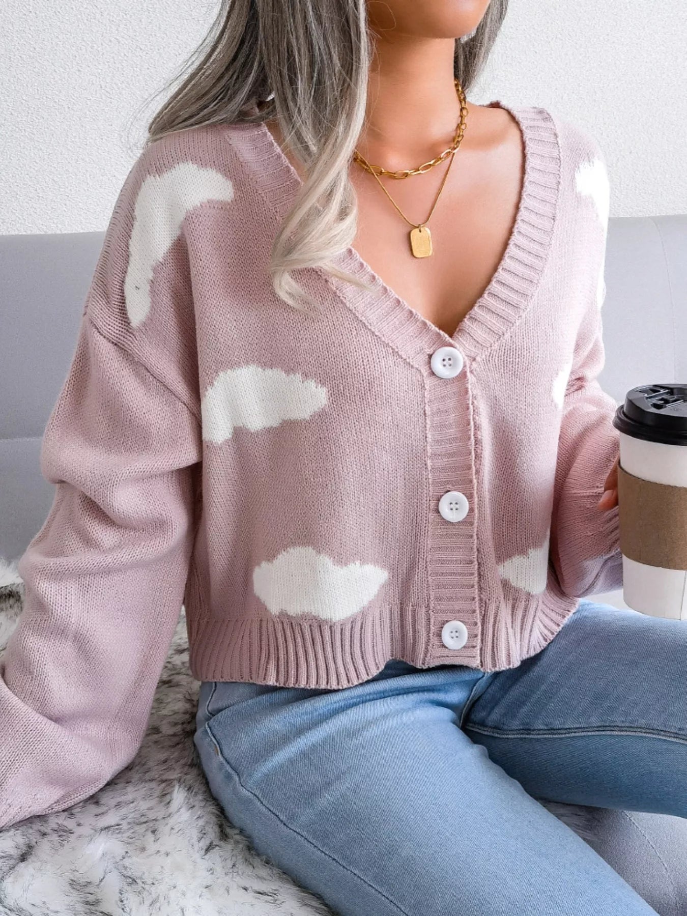 Cloud Pattern Button-Up Cropped Cardigan Dusty Pink OutfitFlow