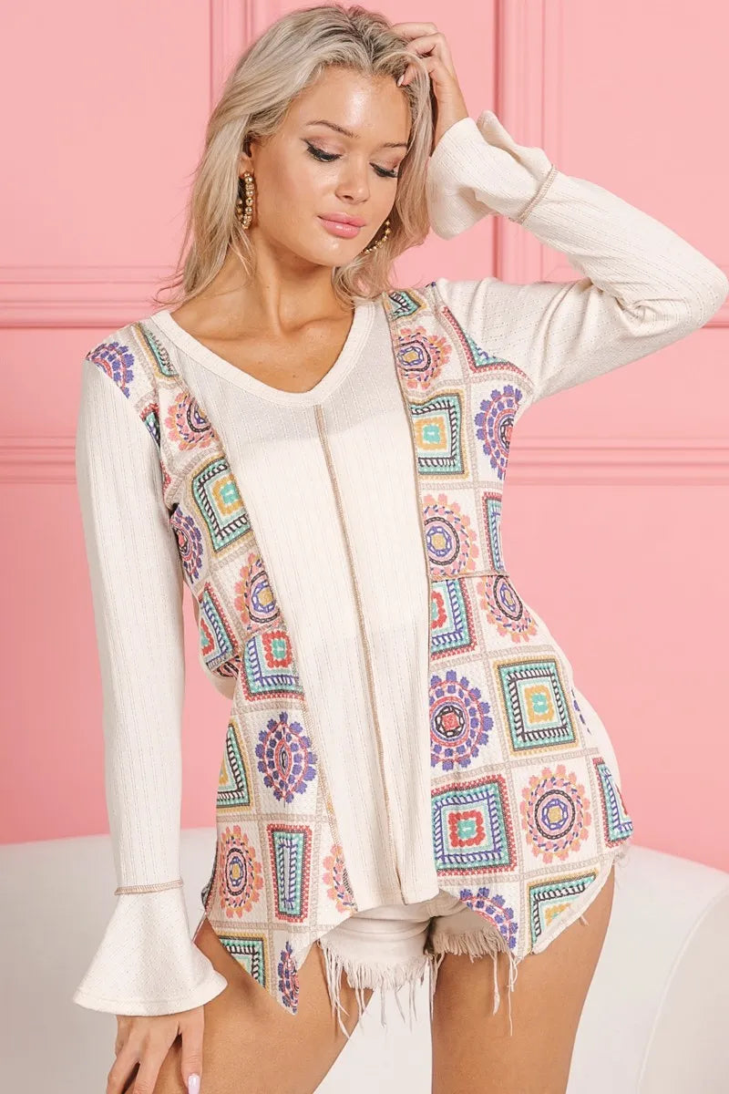 BiBi Granny Square Print Contrast Annie Rib V Neck Top OutfitFlow