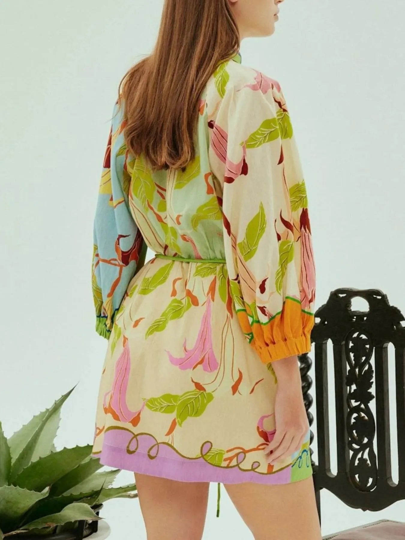 Abstract Print Tie Front Mini Shirt Dress with Pockets OutfitFlow