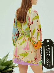 Abstract Print Tie Front Mini Shirt Dress with Pockets OutfitFlow