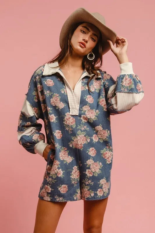 BiBi Washed Floral Denim Romper With Contrast Collar DENIM OutfitFlow
