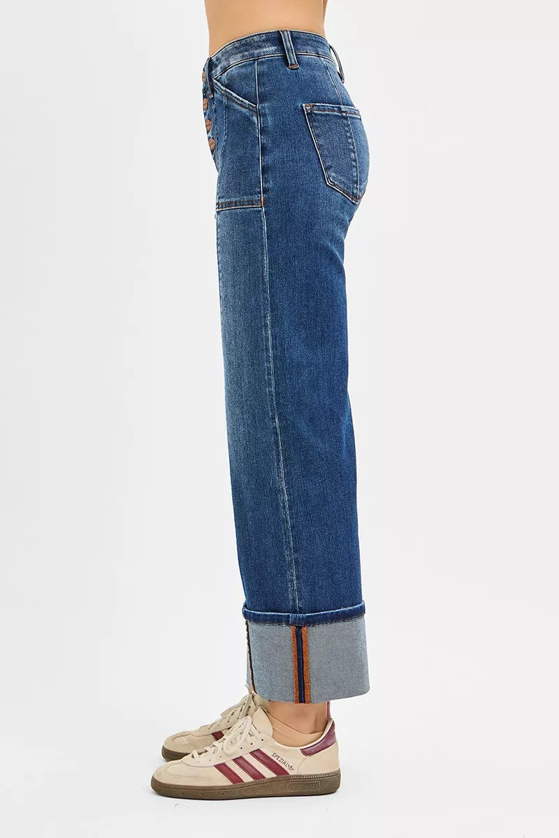 RISEN Full Size High Rise Crop Wide Straight Cuffed Jeans Plus Size OutfitFlow