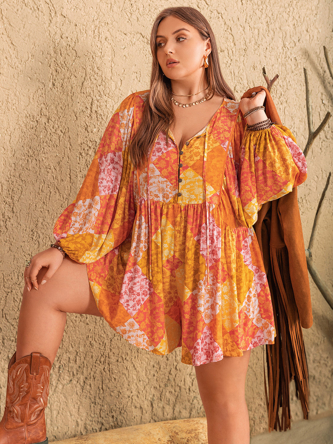 Outfit Flow - Plus Size Floral Tie Neck Balloon Sleeve Romper