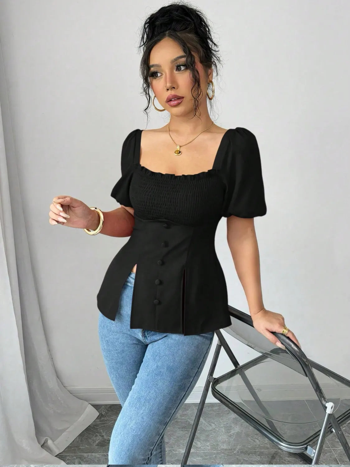 Slit Square Neck Short Sleeve Blouse OutfitFlow