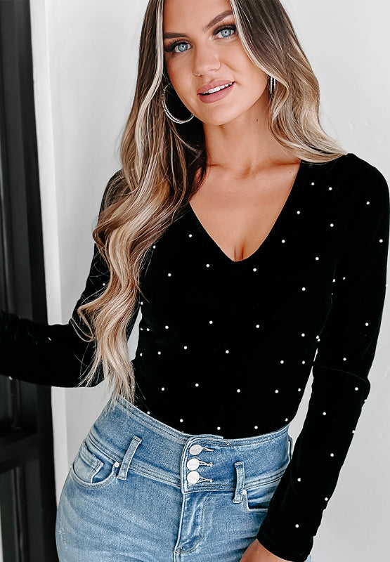 Outfit Flow - Pearl Detail Velvet V-Neck Long Sleeve Bodysuit