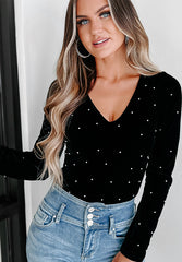 Outfit Flow - Pearl Detail Velvet V-Neck Long Sleeve Bodysuit