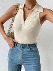 Ribbed Knit Sleeveless Polo Collar Tank Top OutfitFlow