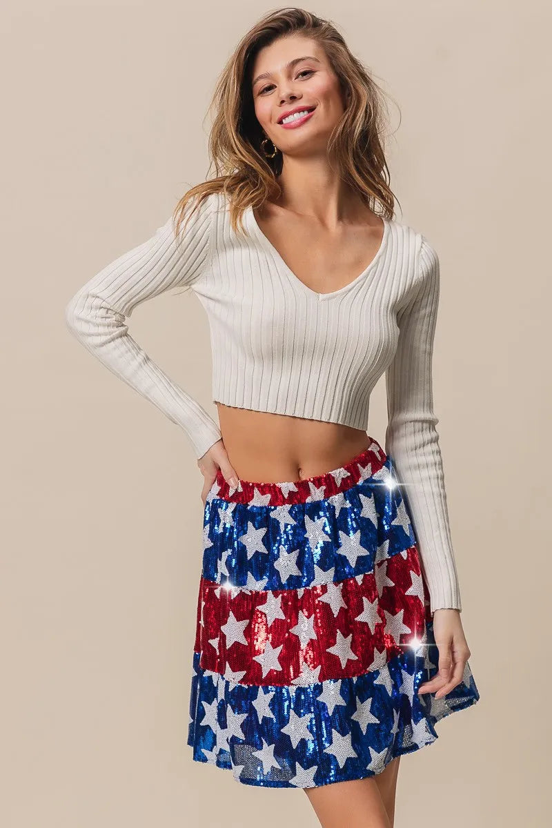 BiBi American Flag Theme Star Sequin Tiered Skirt OutfitFlow
