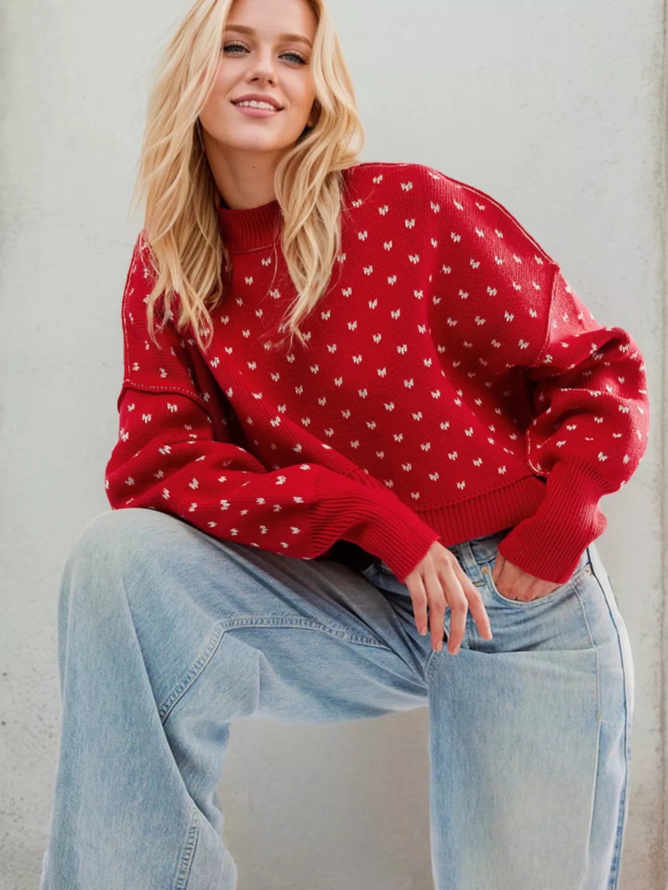 Heart-Patterned Round Neck Sweater OutfitFlow
