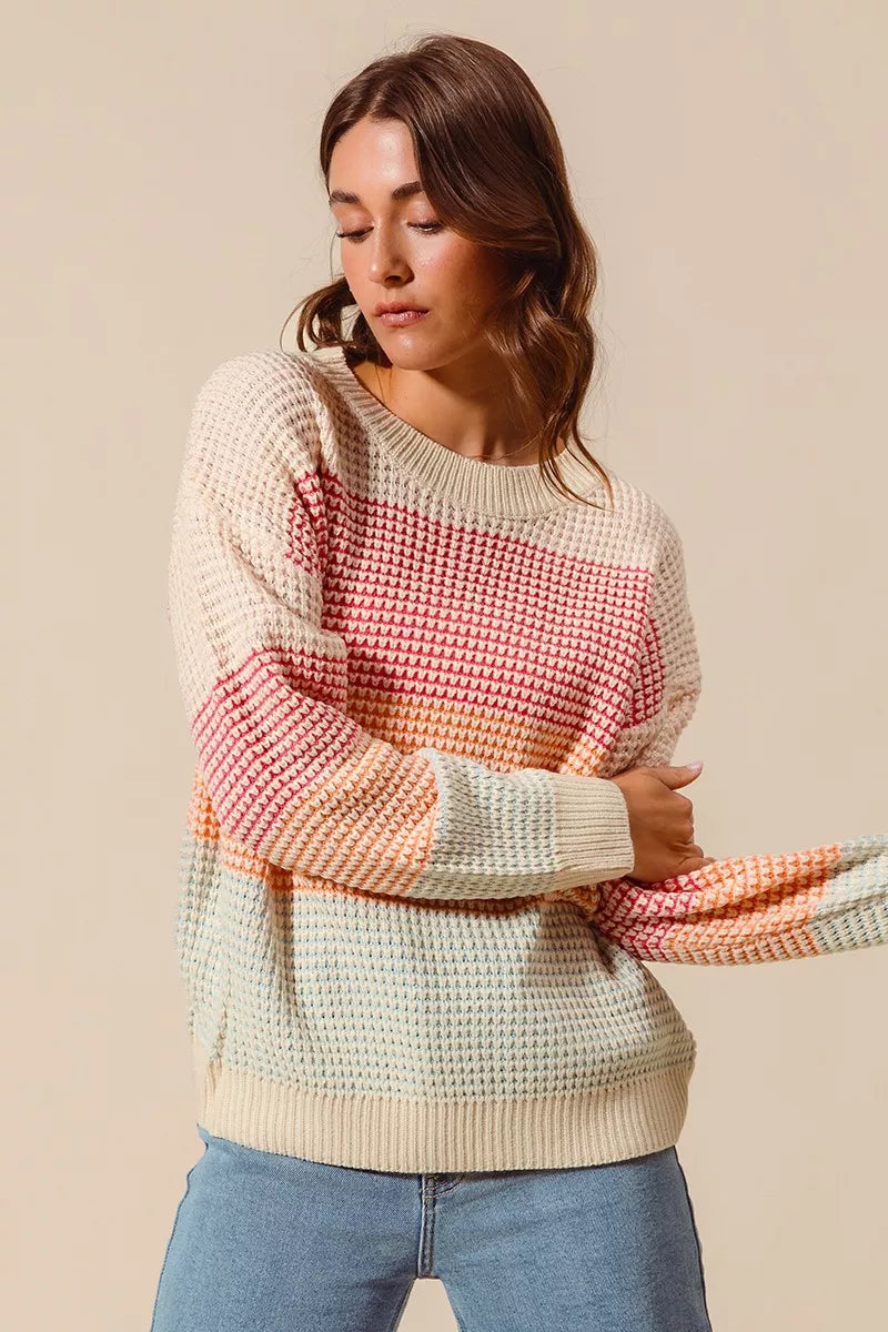 SO ME Multi Color Block Long Sleeve Sweater OutfitFlow