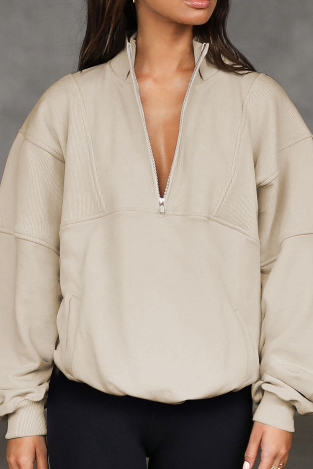 Half Zip Drop Shoulder Long Sleeve Sweatshirt OutfitFlow