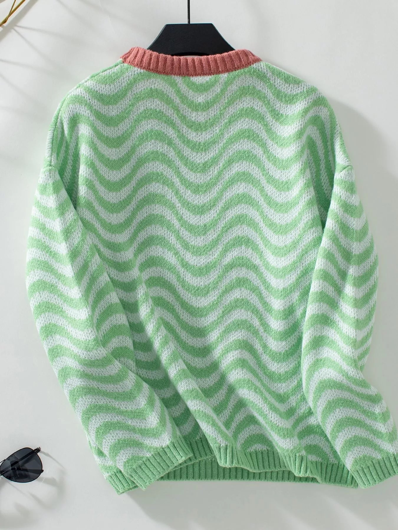 Wavy Striped Round Neck Sweater Trendsi