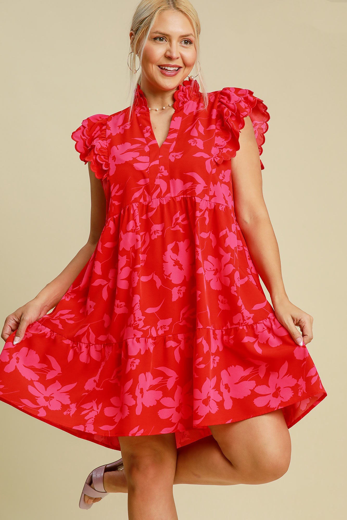 Umgee Full Size Two Tone Floral Print Ruffle Cap Sleeve Mini Dress Plus Size OutfitFlow