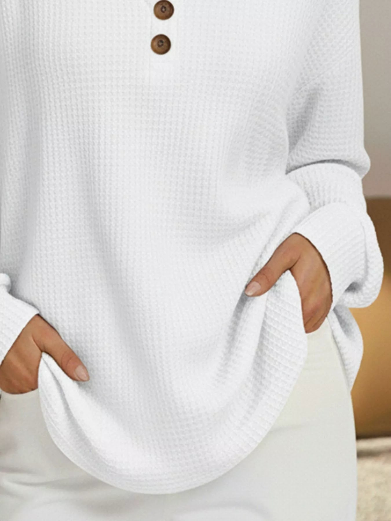 Full Size Casual Waffle Knit V-Neck Long Sleeve T-Shirt Plus Size OutfitFlow