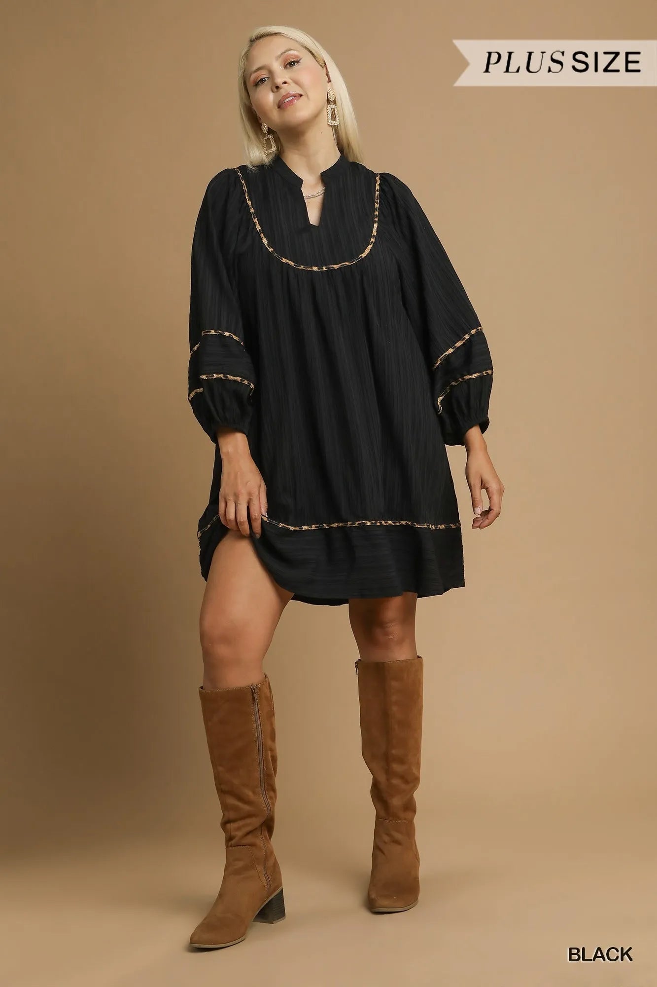 Umgee Full Size Textured Babydoll Dress with Leopard Trim Plus Size OutfitFlow