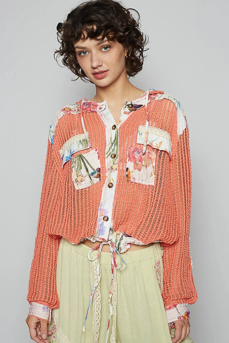 POL Vintage Washed Crochet Hoodie Jacket With Patchwork CORAL ORANGE MULTI OutfitFlow