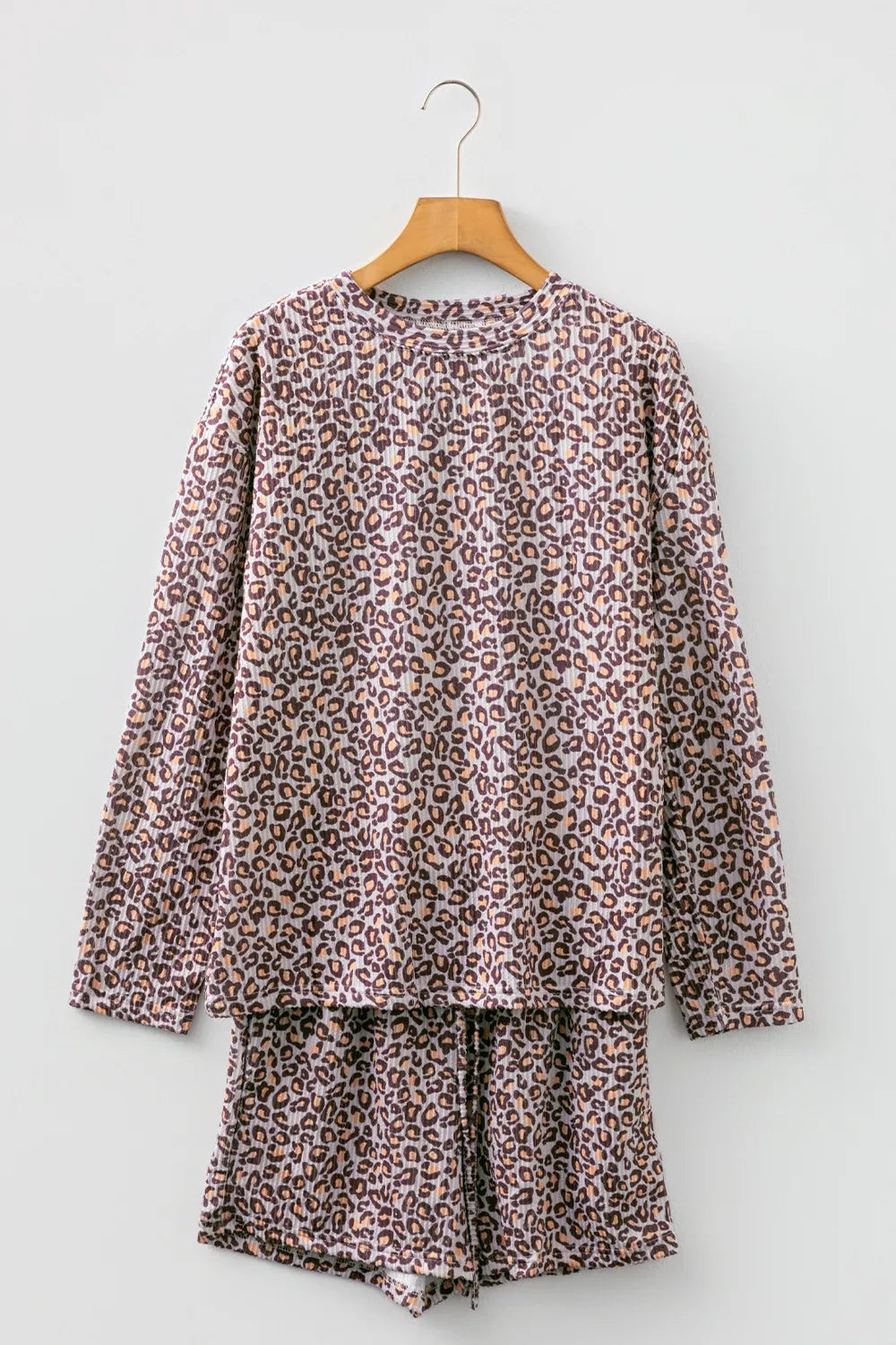 Leopard Ribbed Long Sleeve Top Drawstring Shorts 2pcs Outfit OutfitFlow