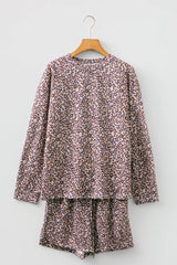 Leopard Ribbed Long Sleeve Top Drawstring Shorts 2pcs Outfit OutfitFlow