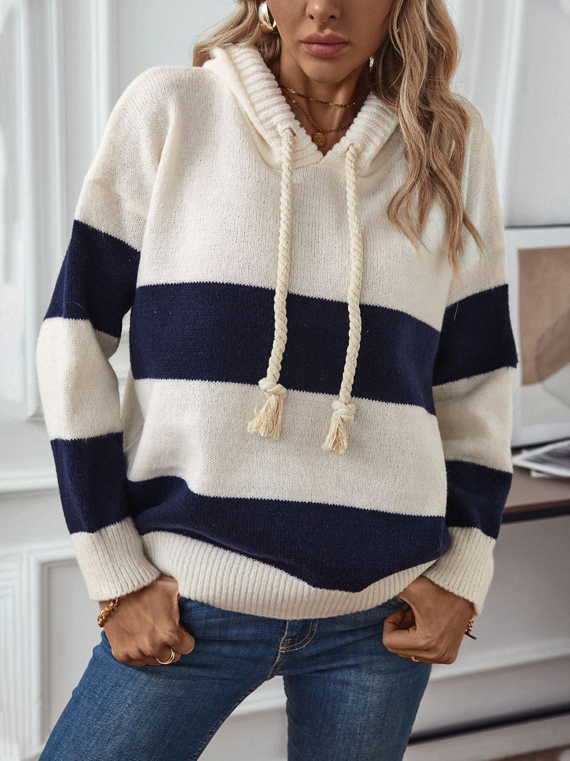 Outfit Flow - Drawstring Contrast Stripe Dropped Shoulder Hooded Sweater