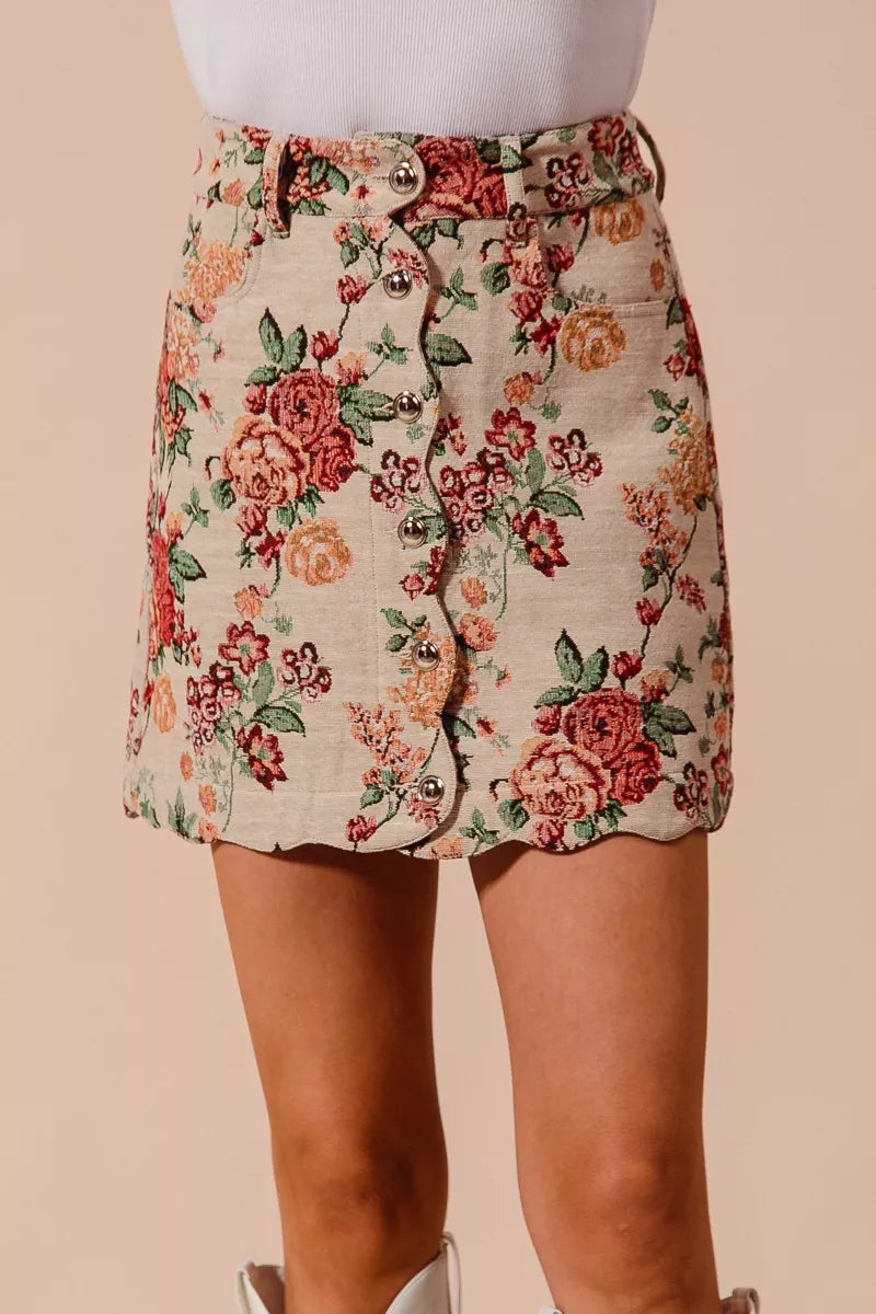 SO ME Floral Jacquard Button Front Mini Skirt with Scall FLORAL Trendsi