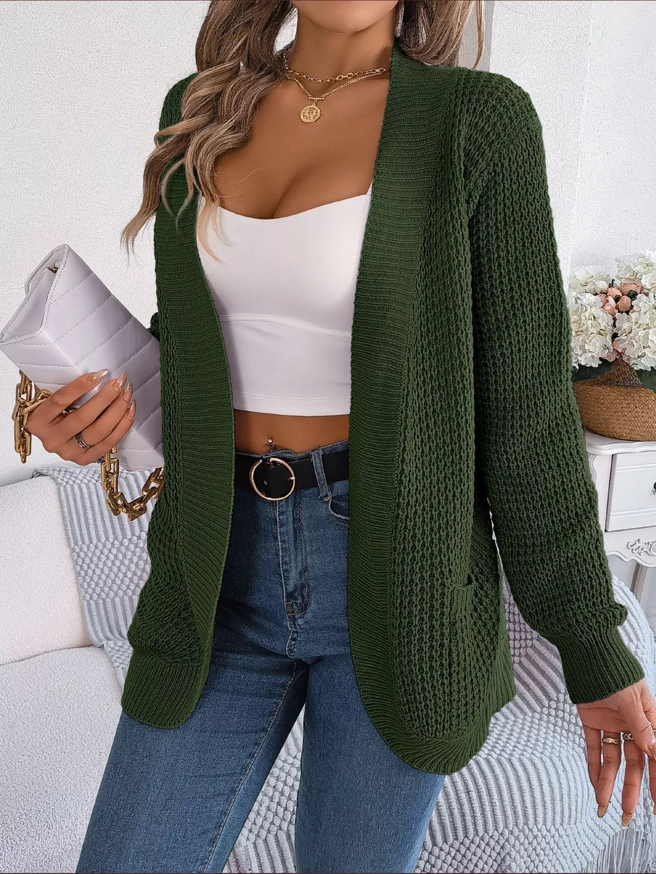 Chunky Knit Open Front Cardigan with Pockets Dark Green OutfitFlow