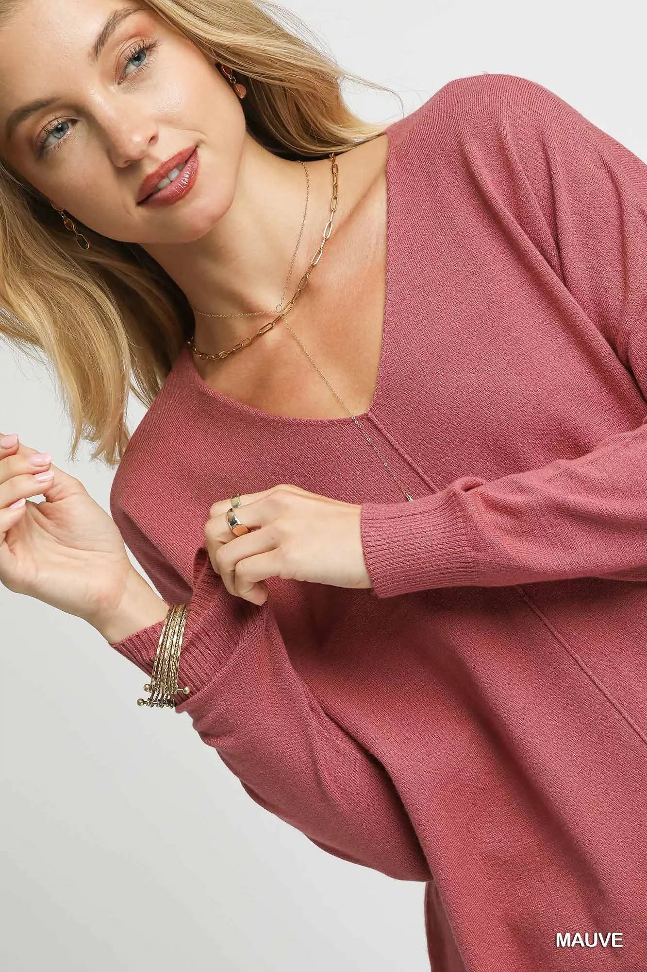 Umgee V-Neck High Low Hem Knit Top with Side Slit OutfitFlow