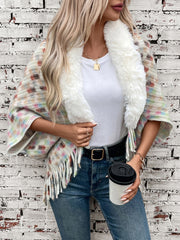 Outfit Flow - Fringe Fuzzy Open Front Poncho