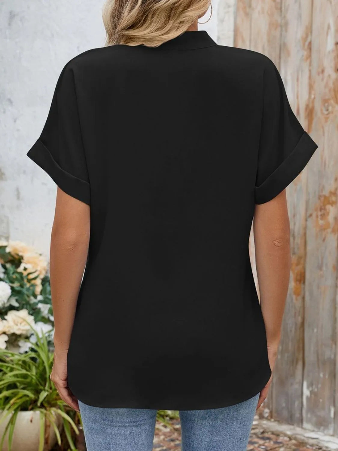 Notched Short Sleeve Blouse OutfitFlow