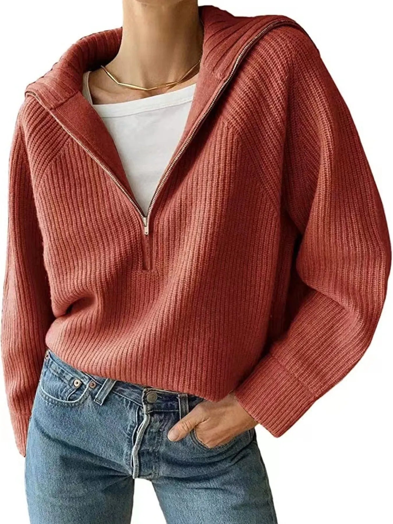 Half-Zip Long Sleeve Sweater Rust OutfitFlow